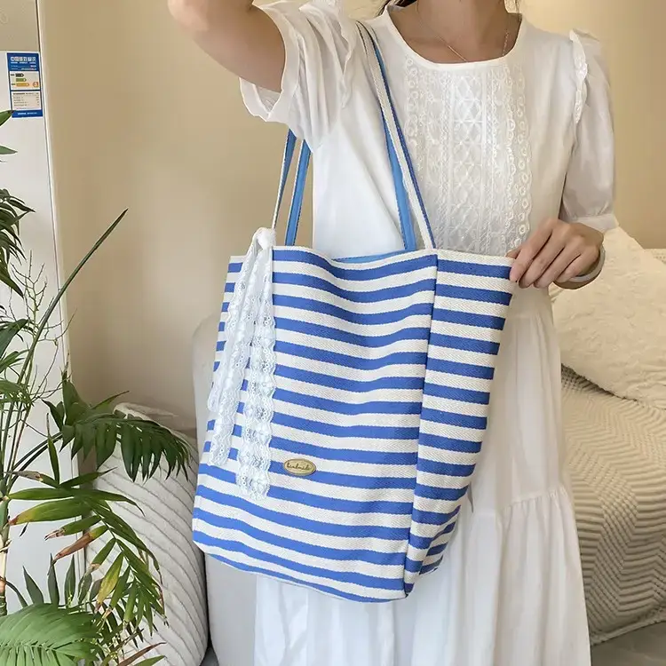 Reversible Korean Style Tote Bag Blue Striped Canvas Single Shoulder Large Capacity - Image 8