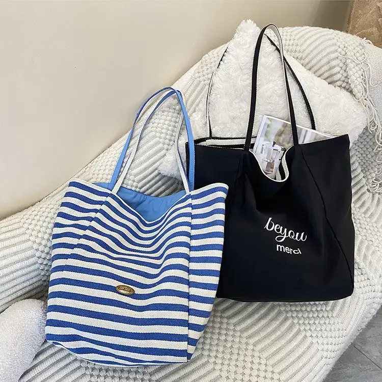 Reversible Korean Style Tote Bag Blue Striped Canvas Single Shoulder Large Capacity - Image 9
