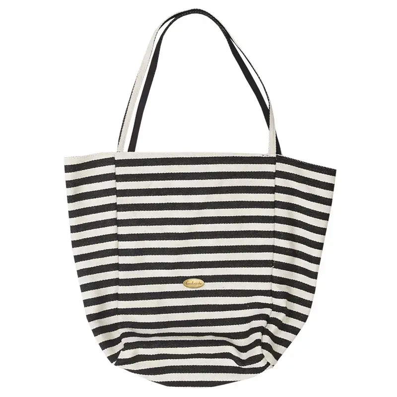 Reversible Korean Style Tote Bag Blue Striped Canvas Single Shoulder Large Capacity - Image 10