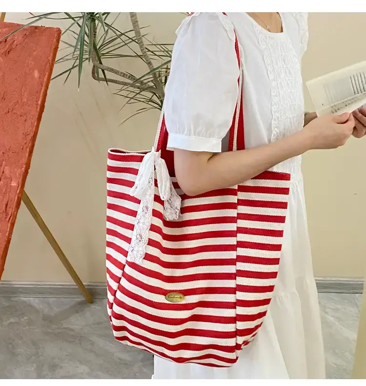 Reversible Korean Style Tote Bag Blue Striped Canvas Single Shoulder Large Capacity — feature 10