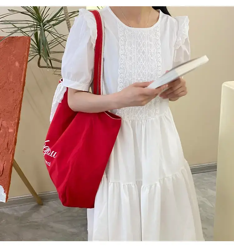 Reversible Korean Style Tote Bag Blue Striped Canvas Single Shoulder Large Capacity — feature 15