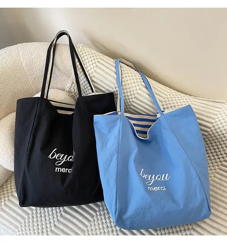 Reversible Korean Style Tote Bag Blue Striped Canvas Single Shoulder Large Capacity — feature 21