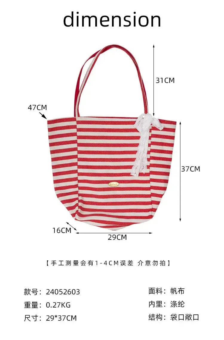 Reversible Korean Style Tote Bag Blue Striped Canvas Single Shoulder Large Capacity — feature 3