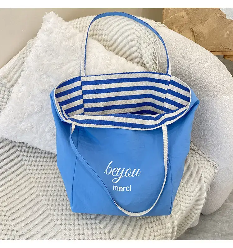 Reversible Korean Style Tote Bag Blue Striped Canvas Single Shoulder Large Capacity — feature 30