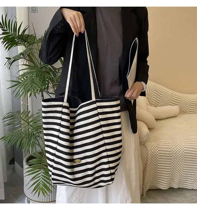 Reversible Korean Style Tote Bag Blue Striped Canvas Single Shoulder Large Capacity — feature 32