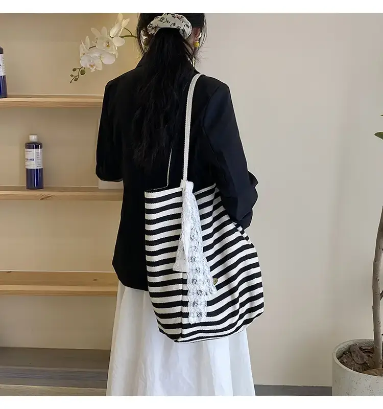 Reversible Korean Style Tote Bag Blue Striped Canvas Single Shoulder Large Capacity — feature 34