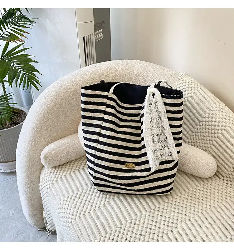 Reversible Korean Style Tote Bag Blue Striped Canvas Single Shoulder Large Capacity — feature 35