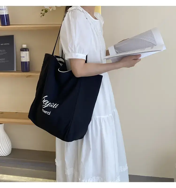 Reversible Korean Style Tote Bag Blue Striped Canvas Single Shoulder Large Capacity — feature 37