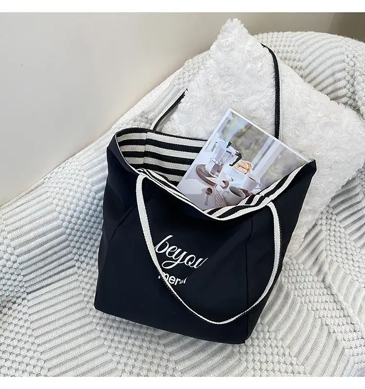 Reversible Korean Style Tote Bag Blue Striped Canvas Single Shoulder Large Capacity — feature 38