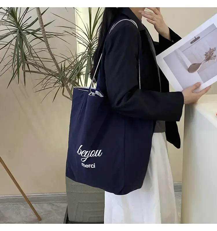 Reversible Korean Style Tote Bag Blue Striped Canvas Single Shoulder Large Capacity — feature 44