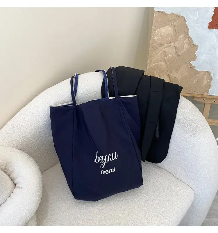 Reversible Korean Style Tote Bag Blue Striped Canvas Single Shoulder Large Capacity — feature 45