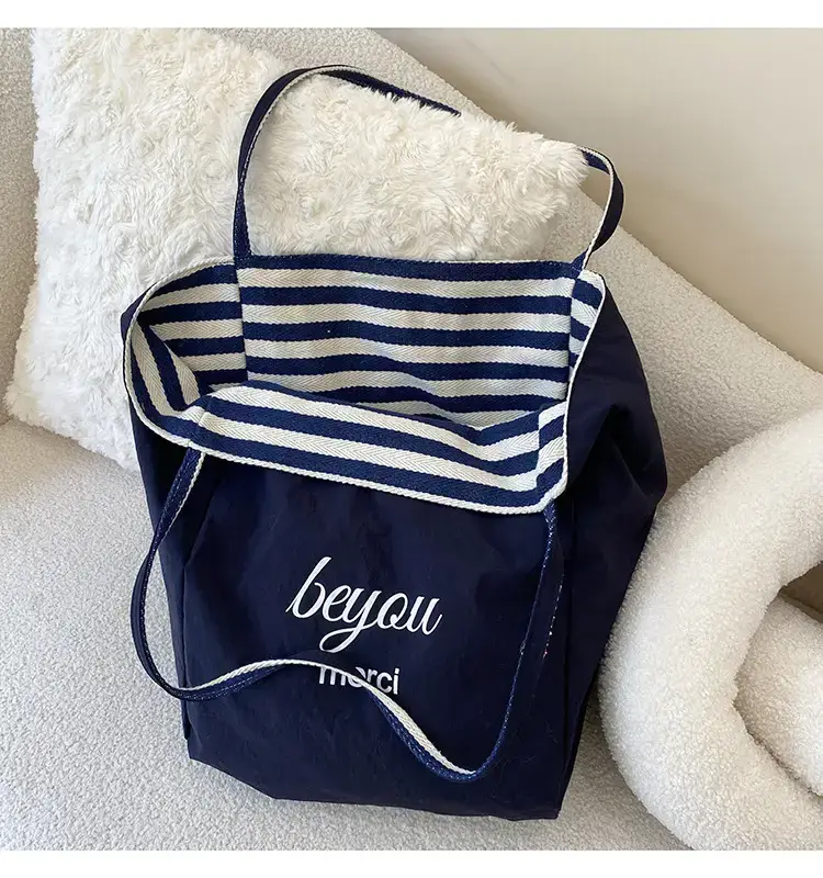 Reversible Korean Style Tote Bag Blue Striped Canvas Single Shoulder Large Capacity — feature 46