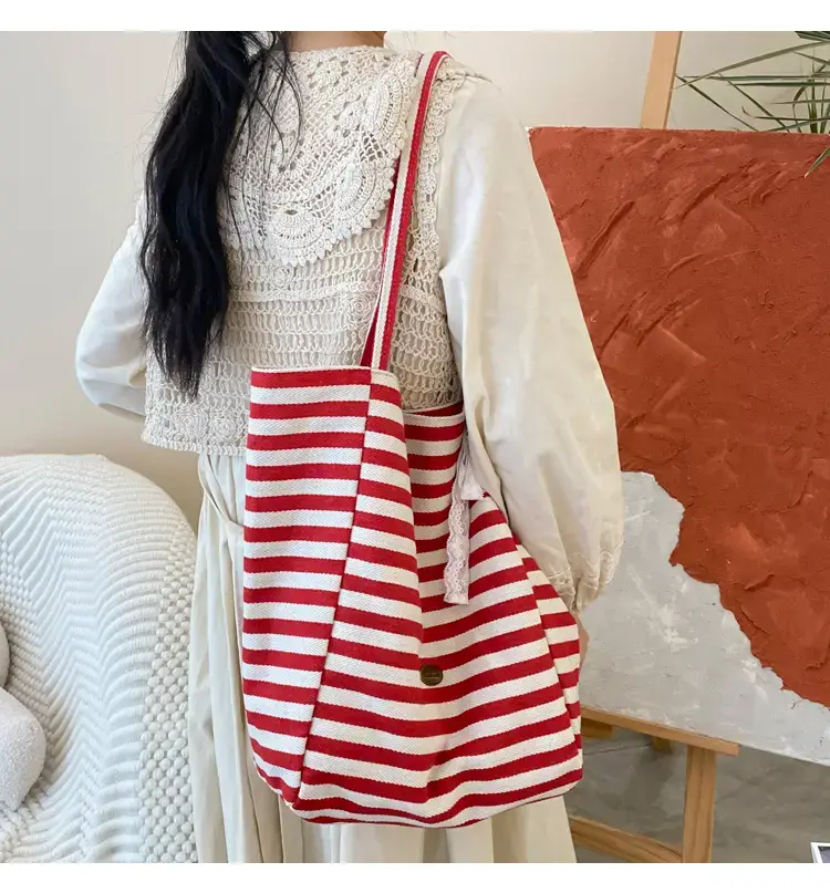 Reversible Korean Style Tote Bag Blue Striped Canvas Single Shoulder Large Capacity — feature 6