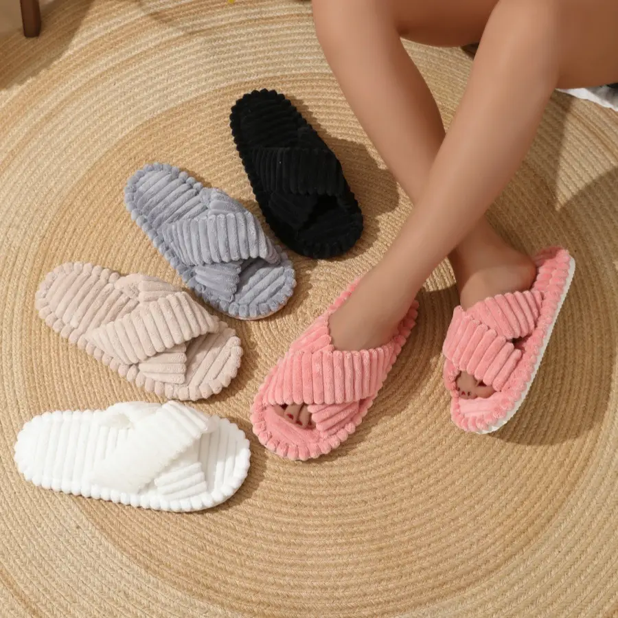 Cross-Border Amazon Ins European and American Furry Cross-Strap Cotton Slippers for Women at Home Skin-Friendly Plush Cotton Slippers for Women Wholesale
