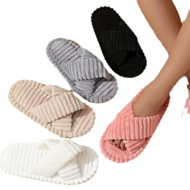Cross-Border Amazon Ins European and American Furry Cross-Strap Cotton Slippers for Women at Home Skin-Friendly Plush Cotton Slippers for Women Wholesale