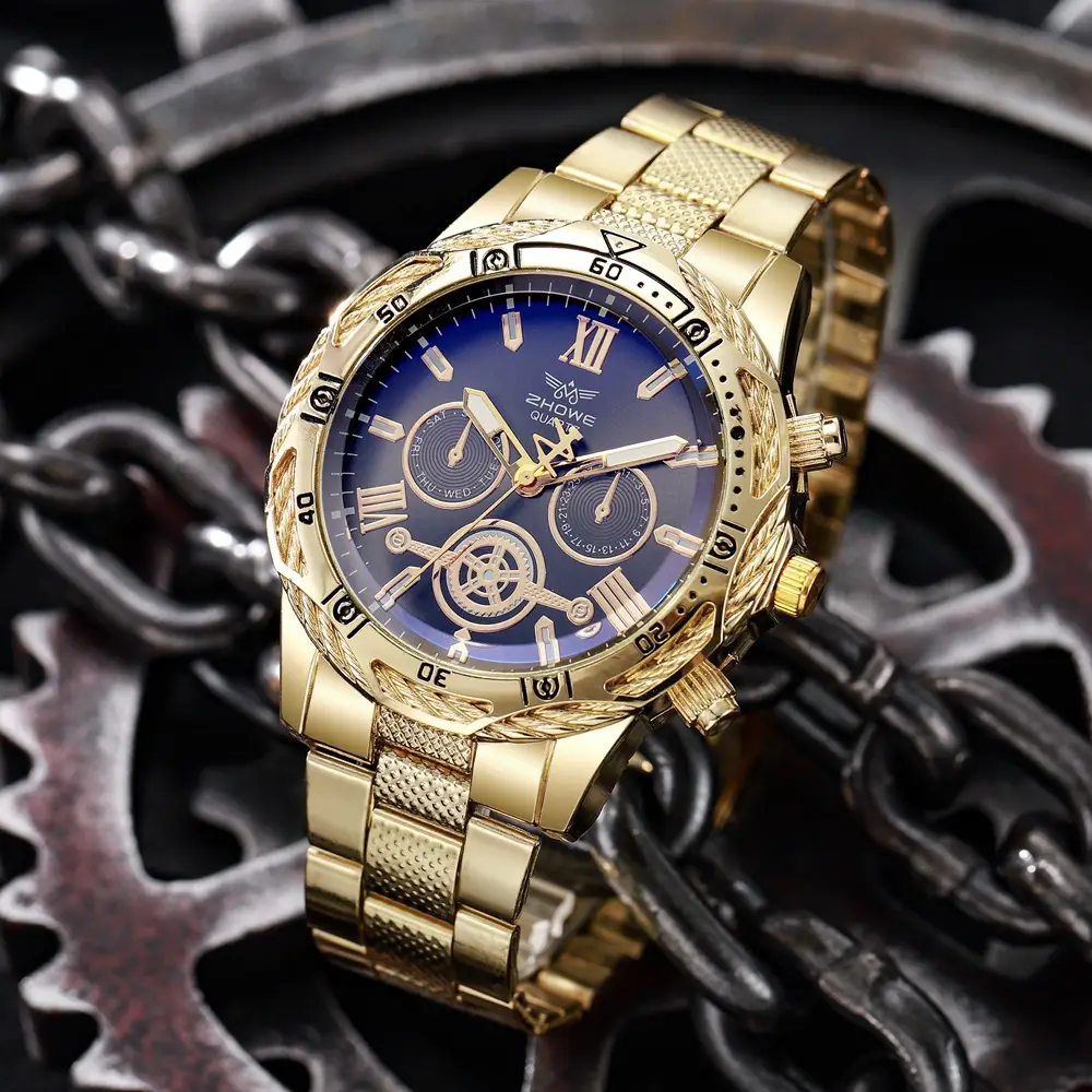 Gold Chronograph Watch with Blue Dial & Steel Band - Image 2