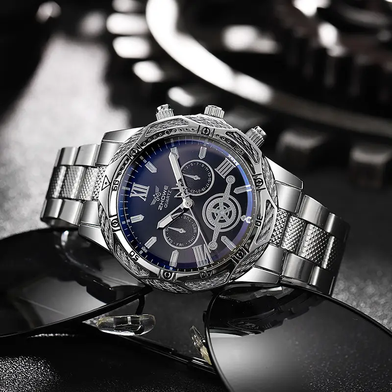 Gold Chronograph Watch with Blue Dial & Steel Band - Image 4