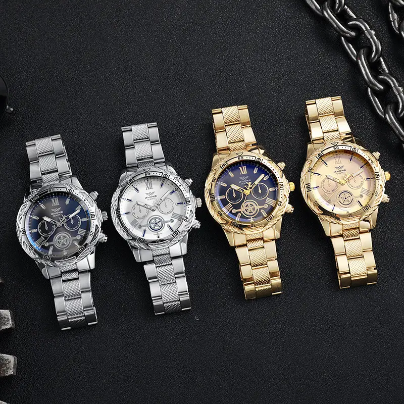 Gold Chronograph Watch with Blue Dial & Steel Band - Image 5