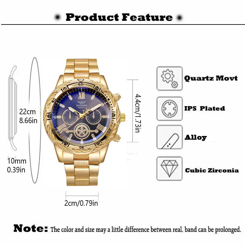Gold Chronograph Watch with Blue Dial & Steel Band — feature 1