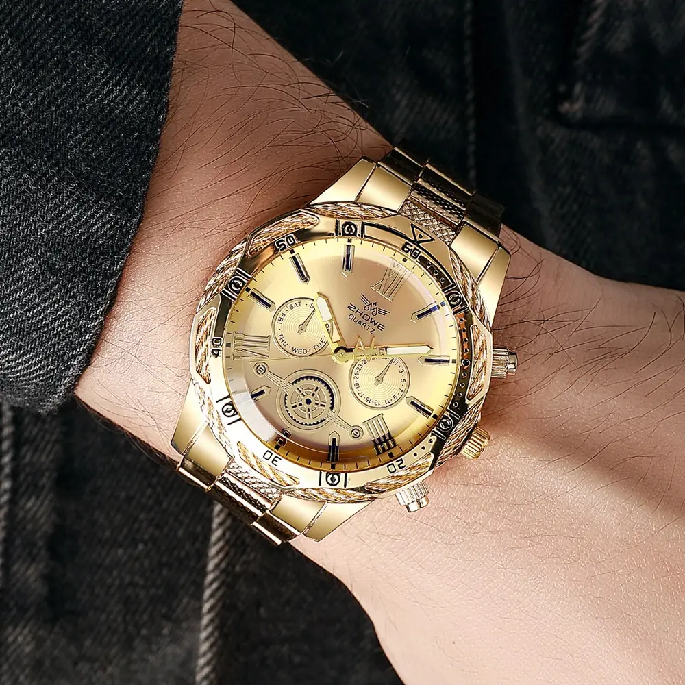 Gold Chronograph Watch with Blue Dial & Steel Band — feature 4