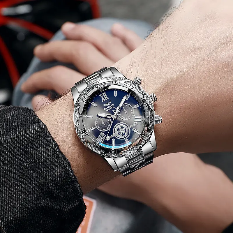 Gold Chronograph Watch with Blue Dial & Steel Band — feature 5