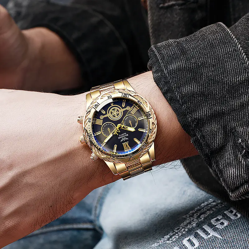 Gold Chronograph Watch with Blue Dial & Steel Band — feature 6