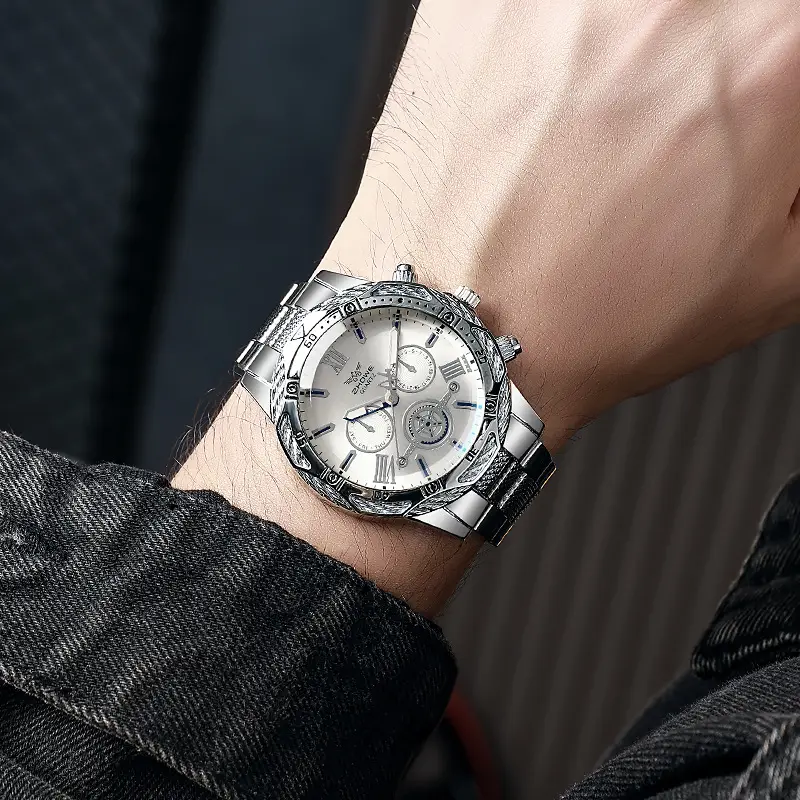 Gold Chronograph Watch with Blue Dial & Steel Band - Image 3
