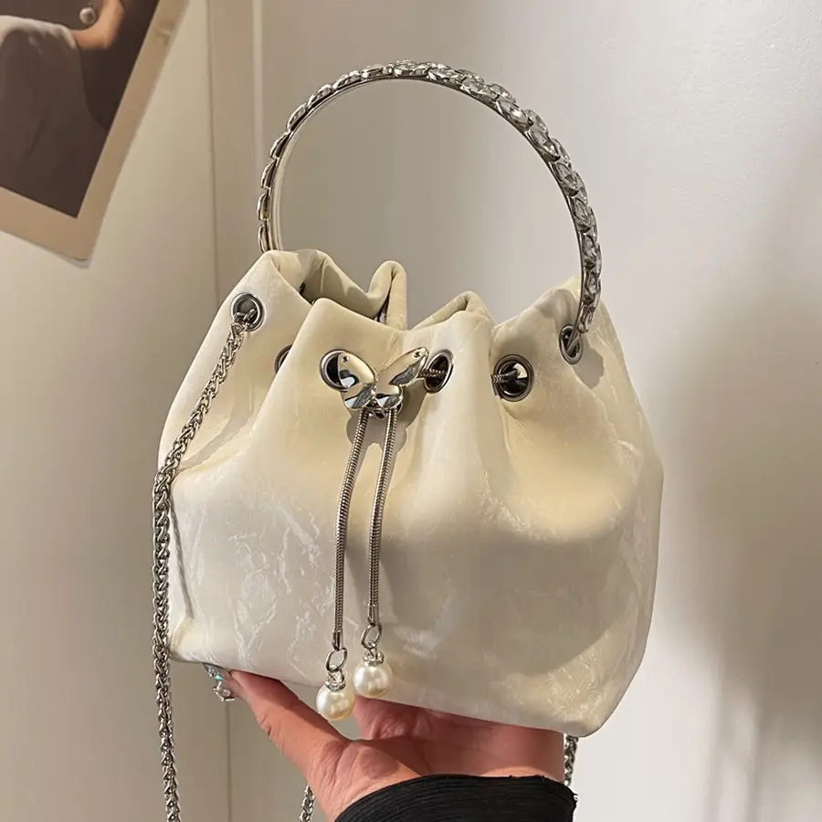 Black Velvet Bucket Bag with Chain & Pearl Detail - Image 9