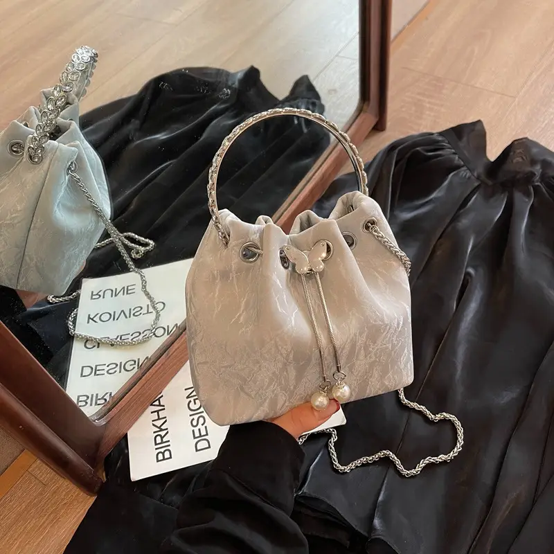 Black Velvet Bucket Bag with Chain & Pearl Detail - Image 10