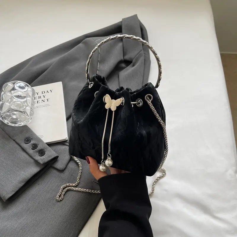 Black Velvet Bucket Bag with Chain & Pearl Detail - Image 11