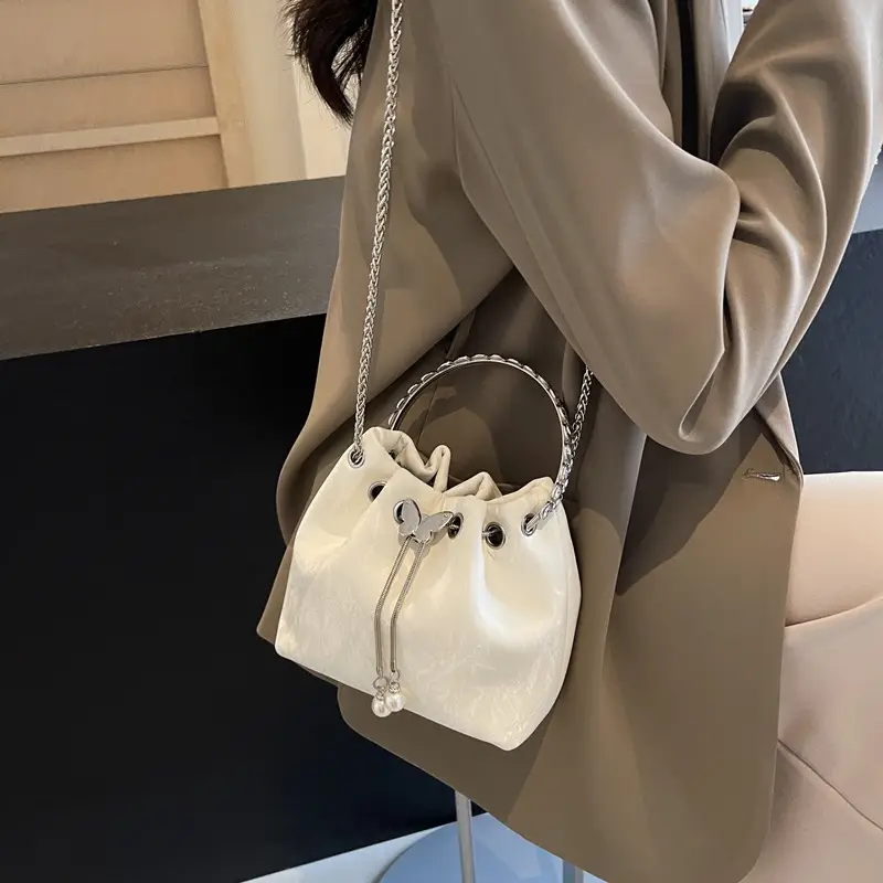 Black Velvet Bucket Bag with Chain & Pearl Detail - Image 12