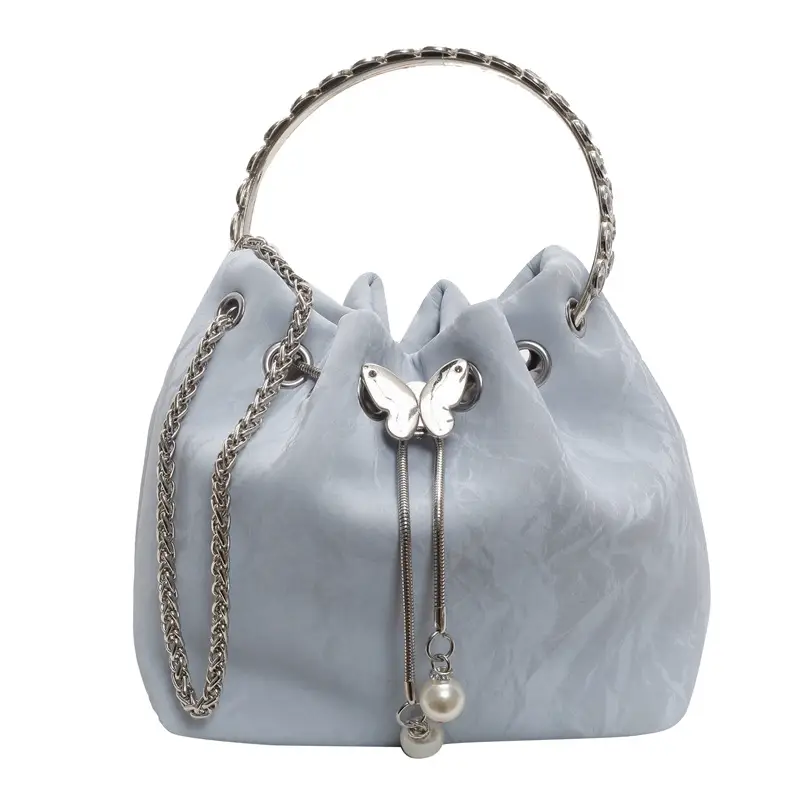 Black Velvet Bucket Bag with Chain & Pearl Detail - Image 13