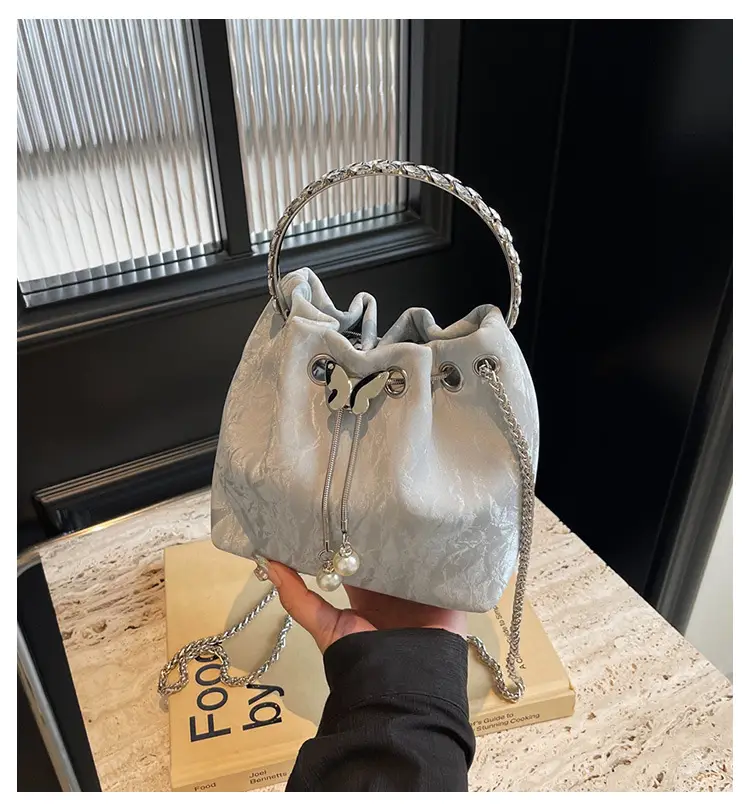 Black Velvet Bucket Bag with Chain & Pearl Detail — feature 1