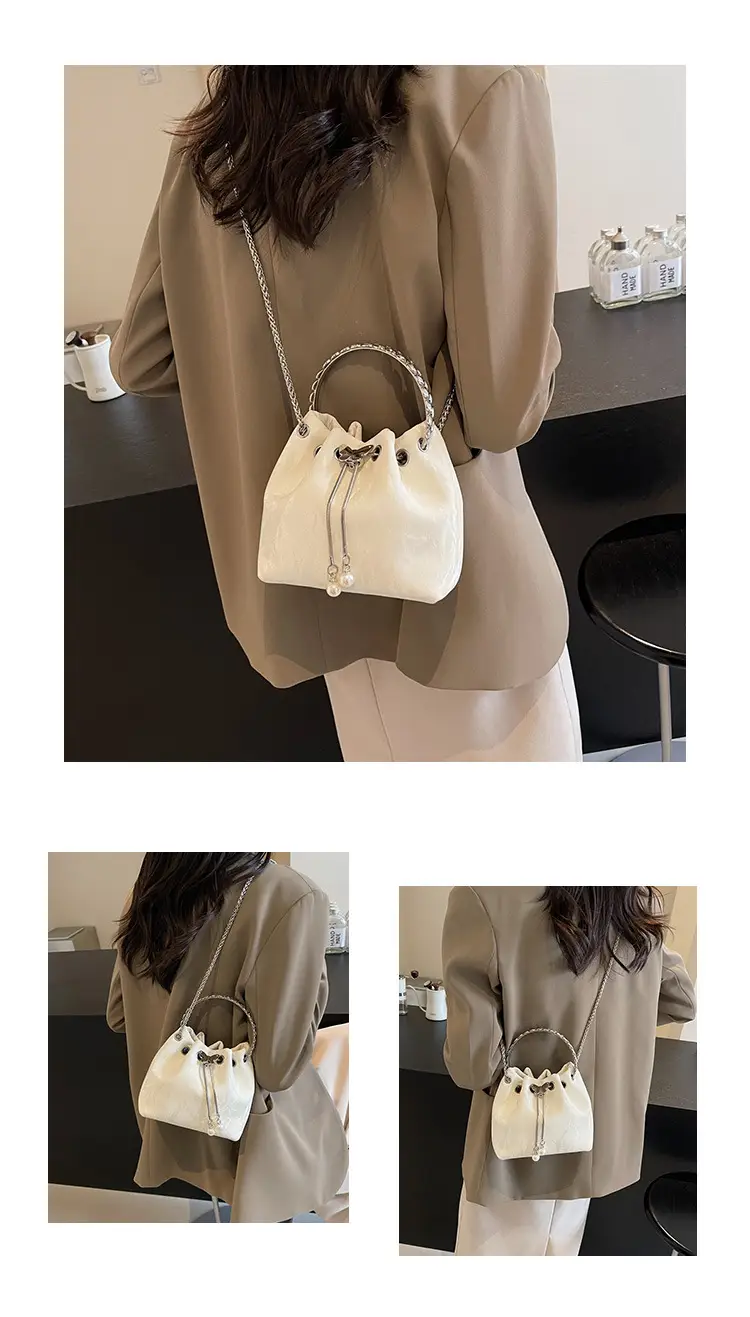 Black Velvet Bucket Bag with Chain & Pearl Detail — feature 10