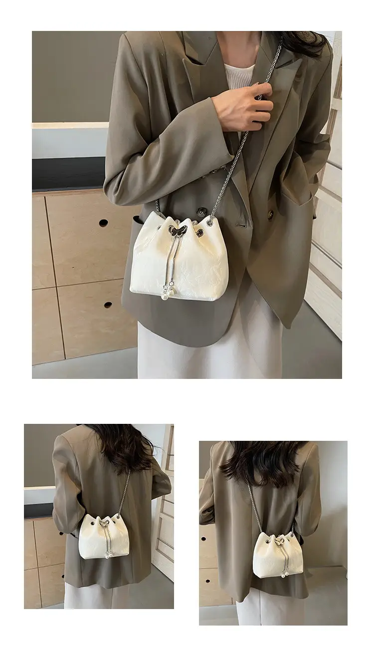 Black Velvet Bucket Bag with Chain & Pearl Detail — feature 11