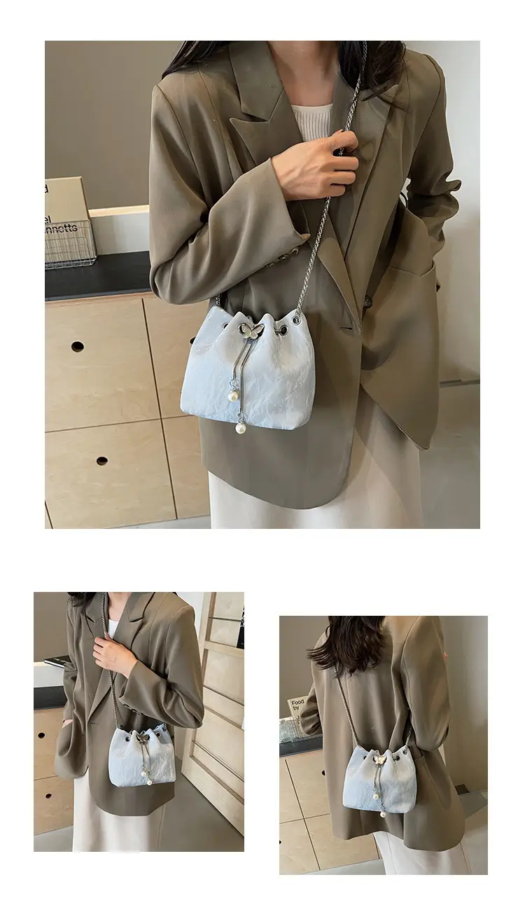 Black Velvet Bucket Bag with Chain & Pearl Detail — feature 12