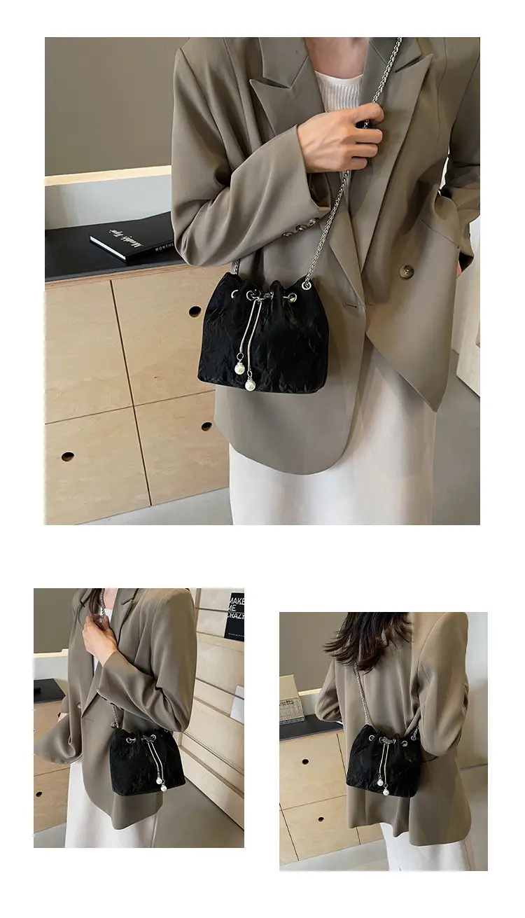 Black Velvet Bucket Bag with Chain & Pearl Detail — feature 13