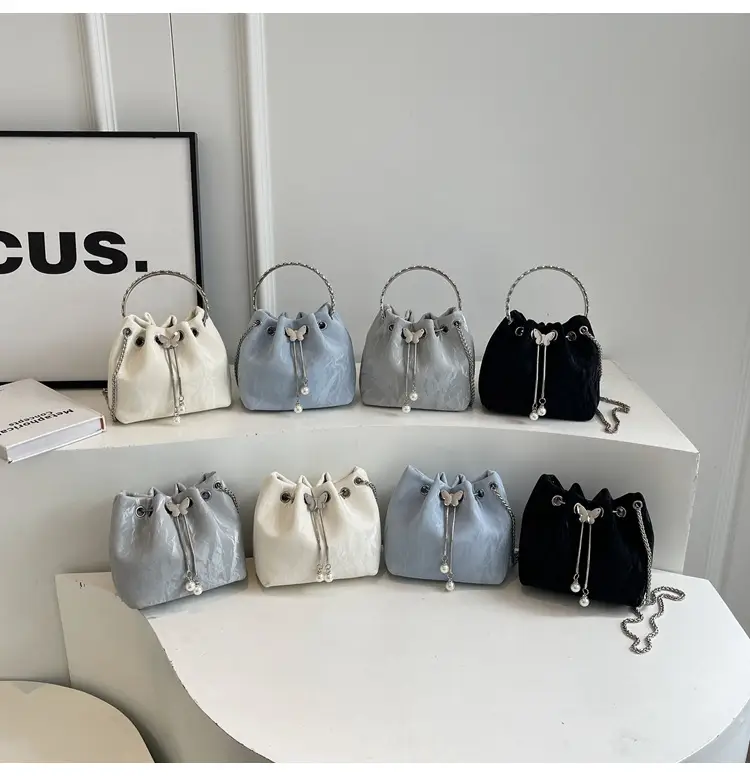 Black Velvet Bucket Bag with Chain & Pearl Detail — feature 17