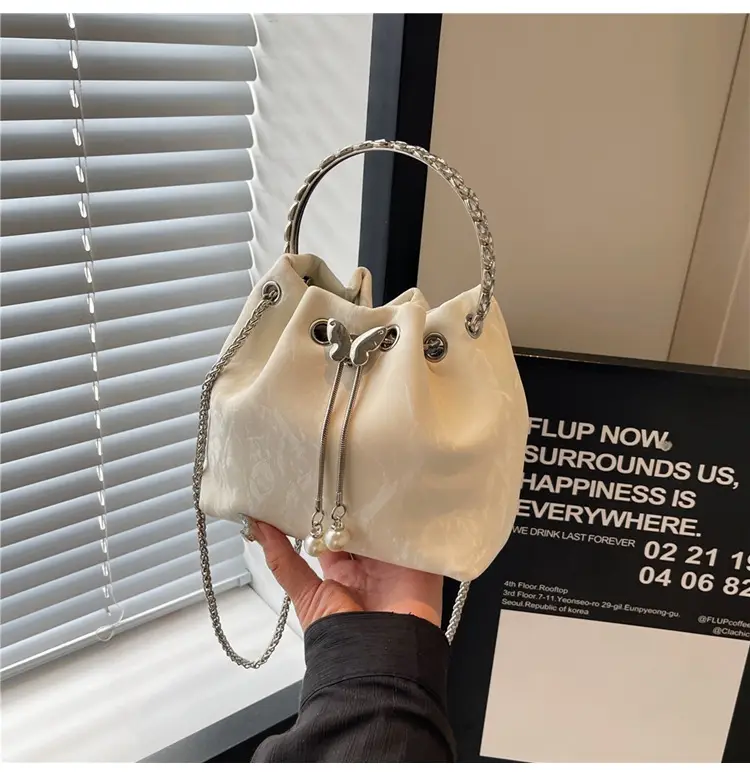 Black Velvet Bucket Bag with Chain & Pearl Detail — feature 19