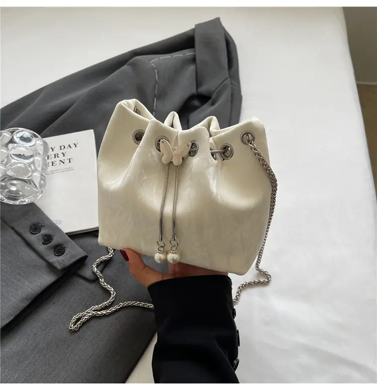 Black Velvet Bucket Bag with Chain & Pearl Detail — feature 23