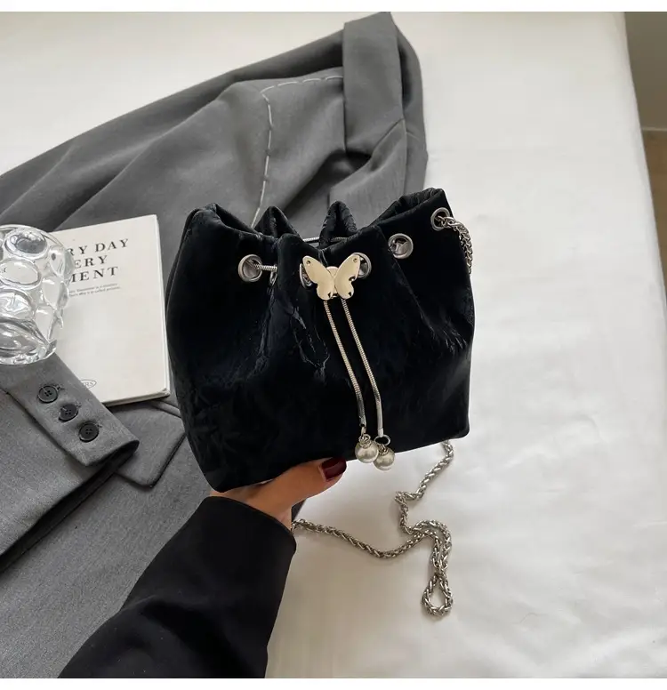 Black Velvet Bucket Bag with Chain & Pearl Detail — feature 25