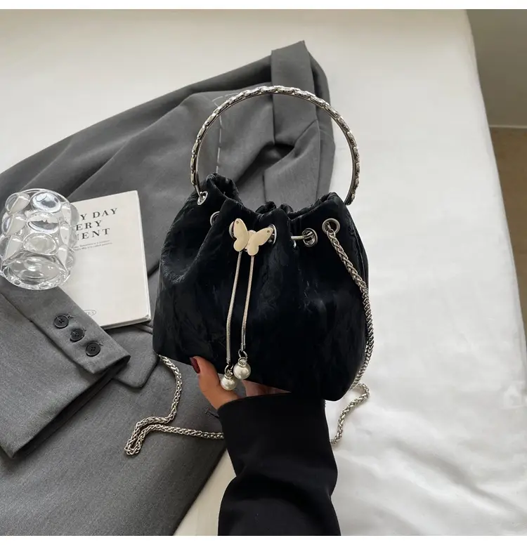 Black Velvet Bucket Bag with Chain & Pearl Detail — feature 26