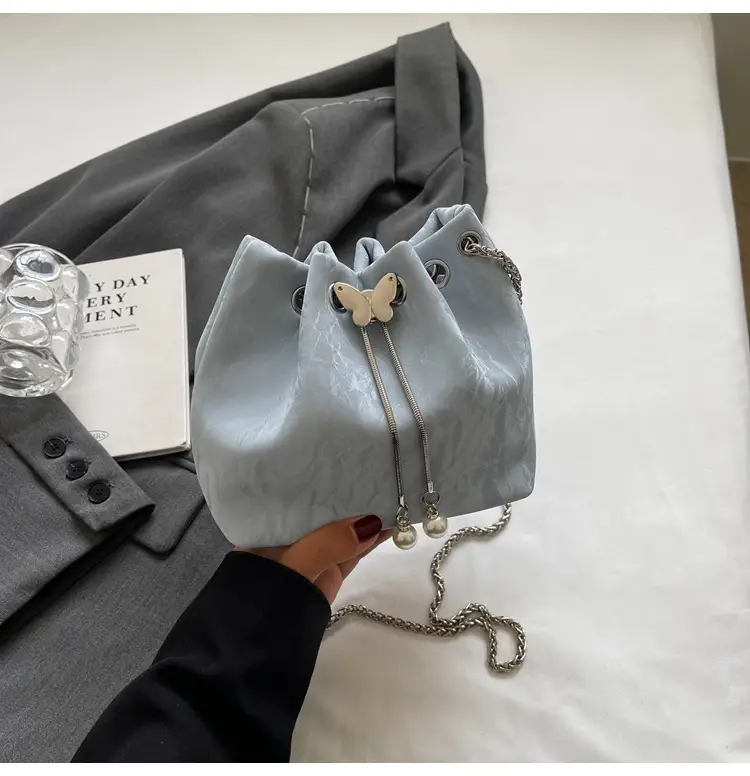 Black Velvet Bucket Bag with Chain & Pearl Detail — feature 27