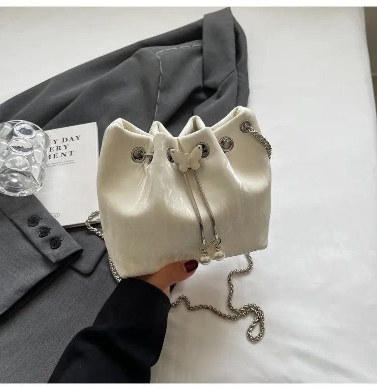 Black Velvet Bucket Bag with Chain & Pearl Detail — feature 28