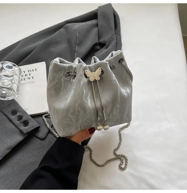 Black Velvet Bucket Bag with Chain & Pearl Detail — feature 29
