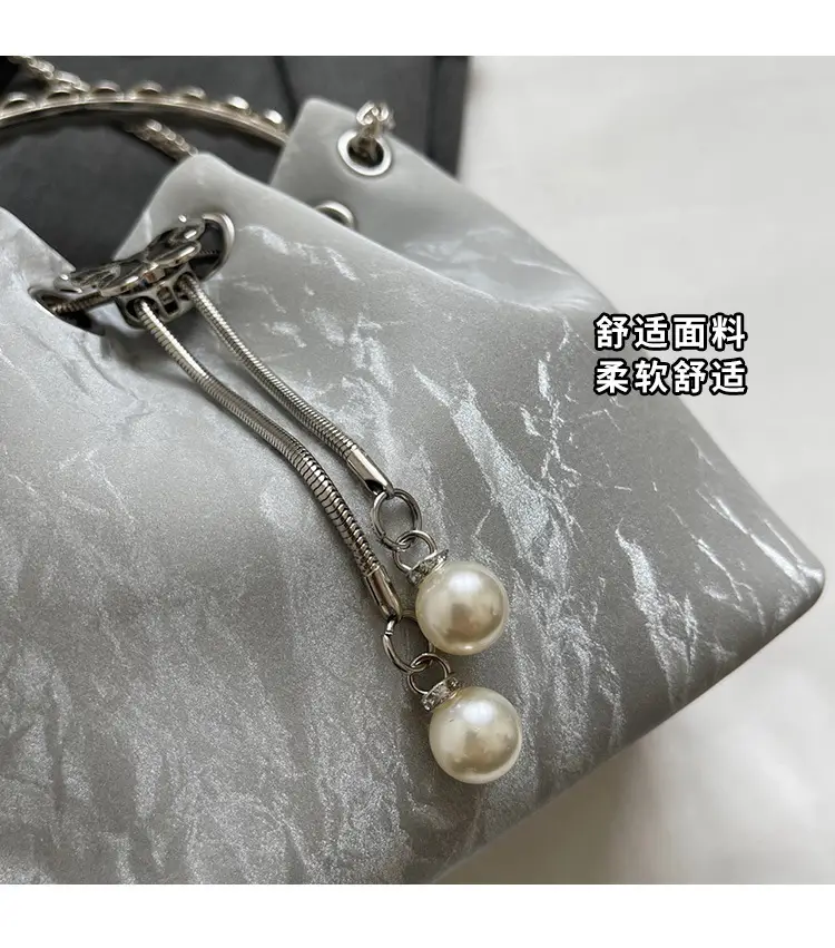 Black Velvet Bucket Bag with Chain & Pearl Detail — feature 3