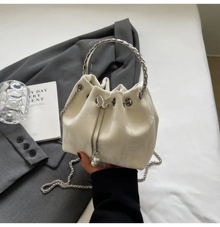 Black Velvet Bucket Bag with Chain & Pearl Detail — feature 30