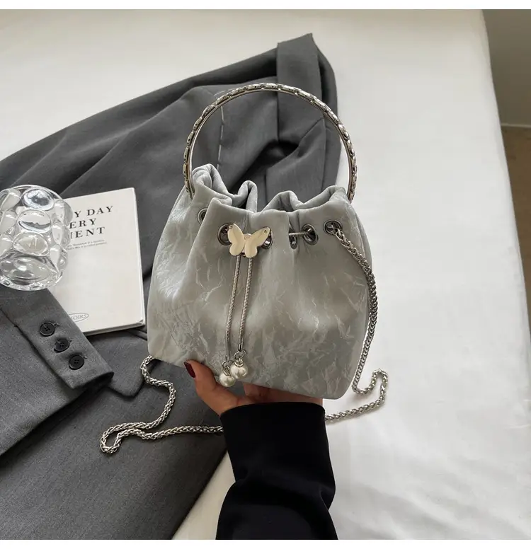 Black Velvet Bucket Bag with Chain & Pearl Detail — feature 31