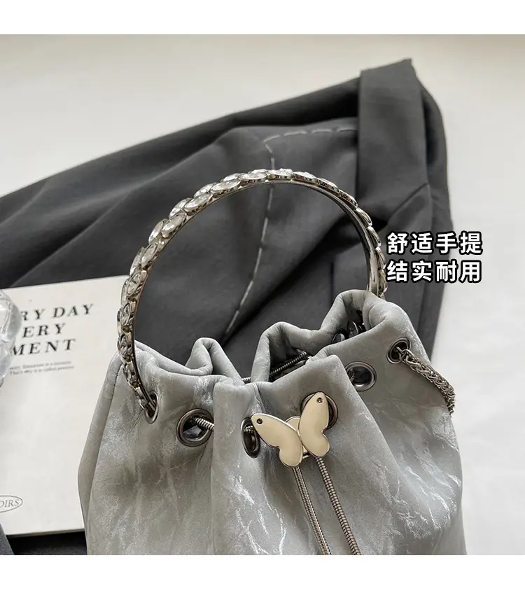 Black Velvet Bucket Bag with Chain & Pearl Detail — feature 6