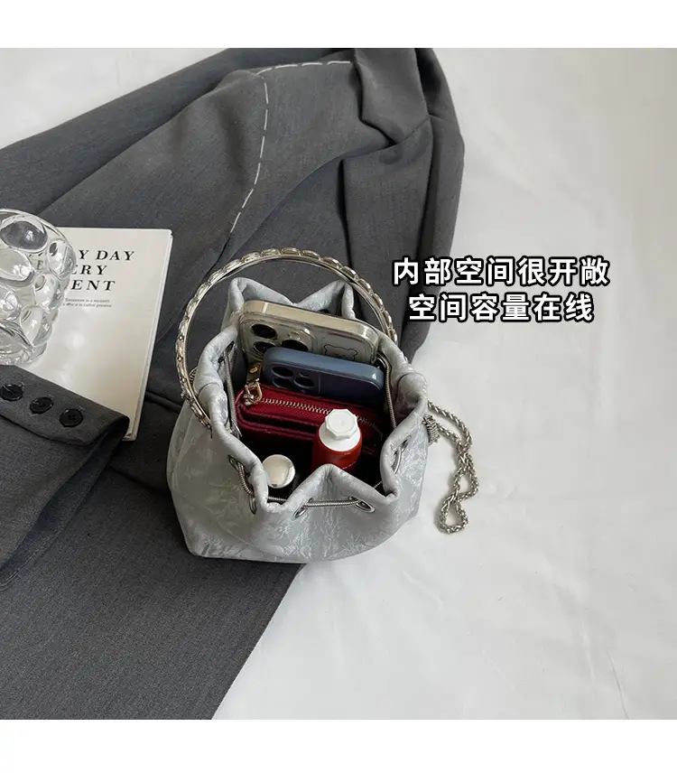 Black Velvet Bucket Bag with Chain & Pearl Detail — feature 7